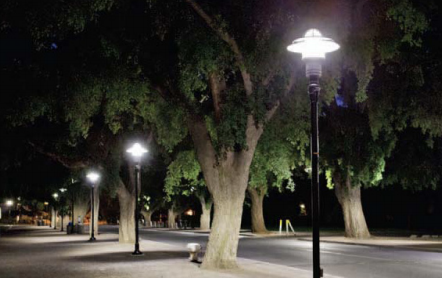 Lamposts with trees in back