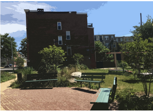 Benches with building in the background